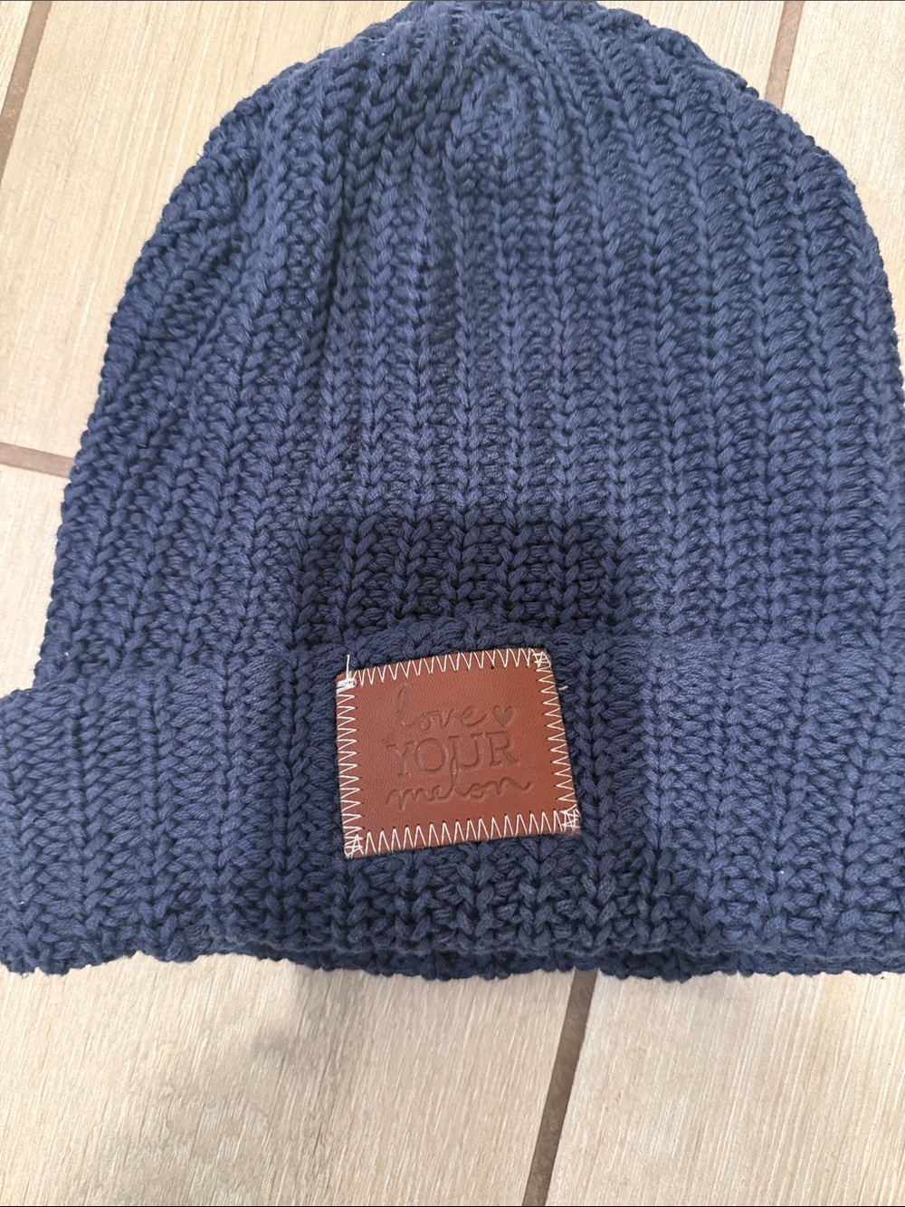 Love Your Melon Dark Navy Ribbed Knit Beanie with Leather Patch